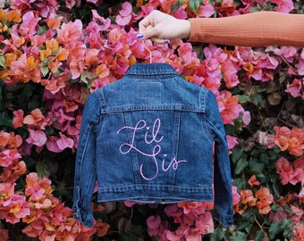 Custom Levi’s Hand Embroidered Baby Toddler Kids Denim Jacket | Little Brother Little Sister Jean Jacket | Baby Announcement Gender Reveal