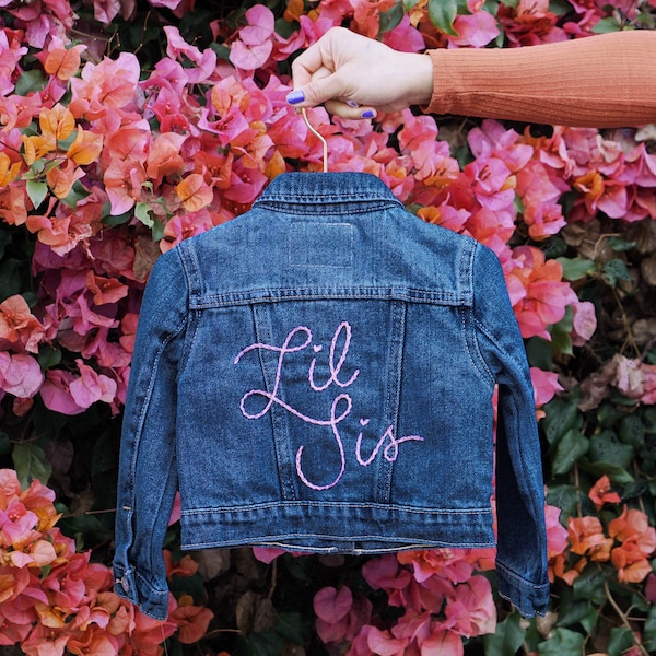 Custom Levi’s Hand Embroidered Baby Toddler Kids Denim Jacket | Little Brother Little Sister Jean Jacket | Baby Announcement Gender Reveal