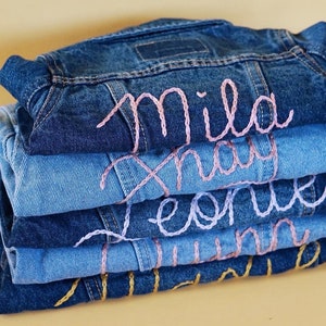 SEND IN SERVICE Custom Hand Embroidery Baby Toddler Kids Adult Denim Jacket | Hand Lettered Personalized Chain Stitched Name Jean Jacket