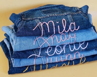 SEND IN SERVICE Custom Hand Embroidery Baby Toddler Kids Adult Denim Jacket | Hand Lettered Personalized Chain Stitched Name Jean Jacket