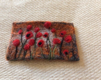 Unique, needle felted, handmade, 'Poppy flowers on meadow' brooch. Pin, Gift for her, Poppy Day, birthday gift, coat accessories, Christmas
