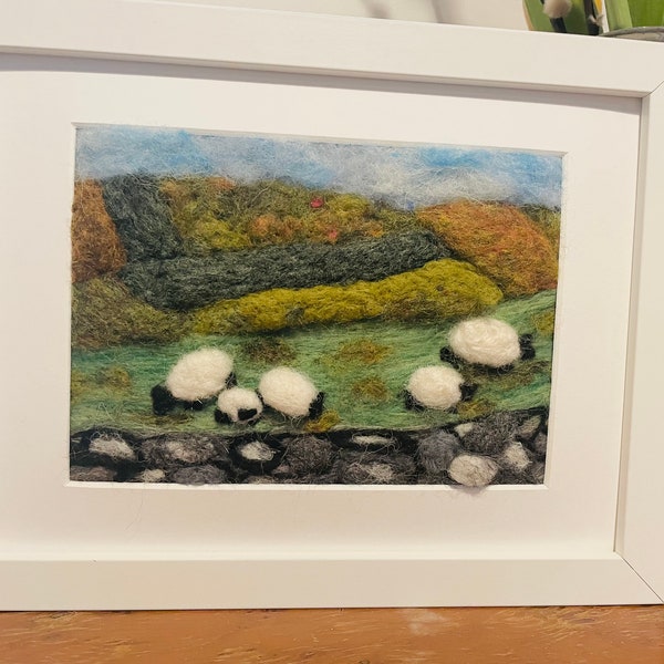 Unique ART Painting, Sheep art paint, Picture, Sheep family, painted with Organic British Wool. Wall hanging art. Deep frame. Sheep wall art