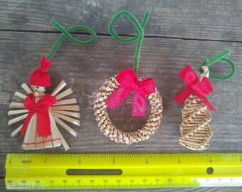 Set of 3 Vintage Ergebirge Woven Straw Christmas Ornaments: Angel, Tree & Wreath