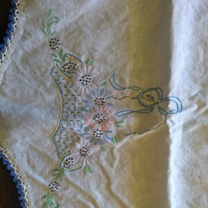 Vintage Table Runner, Hand Embroidered, basket of flowers,