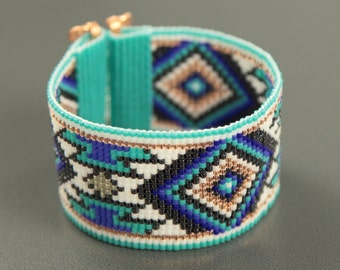 Jemez in Blue Bead Loom Bracelet Bohemian Boho Artisanal Jewelry Indian Style Western Bead Santa Fe Native American Inspired Southwestern