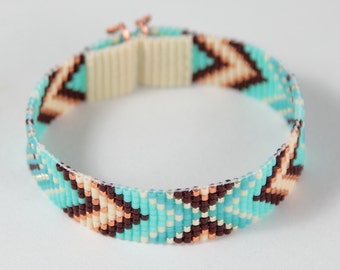 Annie Oakley Chevron Bead Loom Cuff Bracelet Native American Style Beaded Jewelry Boho Tribal Turquoise Beadweaving Southwestern