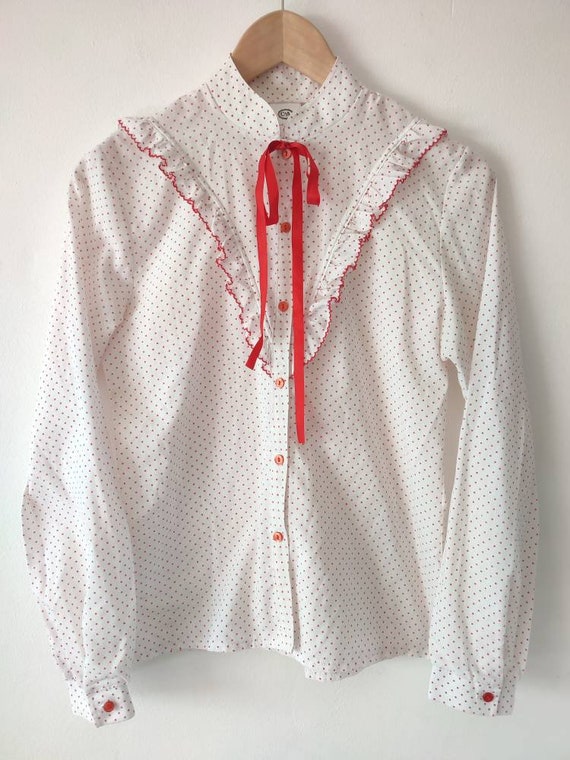 Vintage 70s Red Polka Dot Blouse With Neck Tie -  Finland