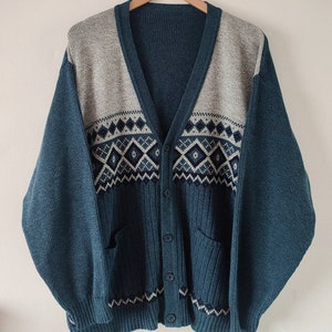 カーディガン 80s pattern knit cardigan Ladies Womens 80s Vintage V Neck Drop Shoulder Chunky Knit