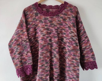 Vintage Handmade Knitted Crochet Reds Purples and Pinks Jumper Sweater