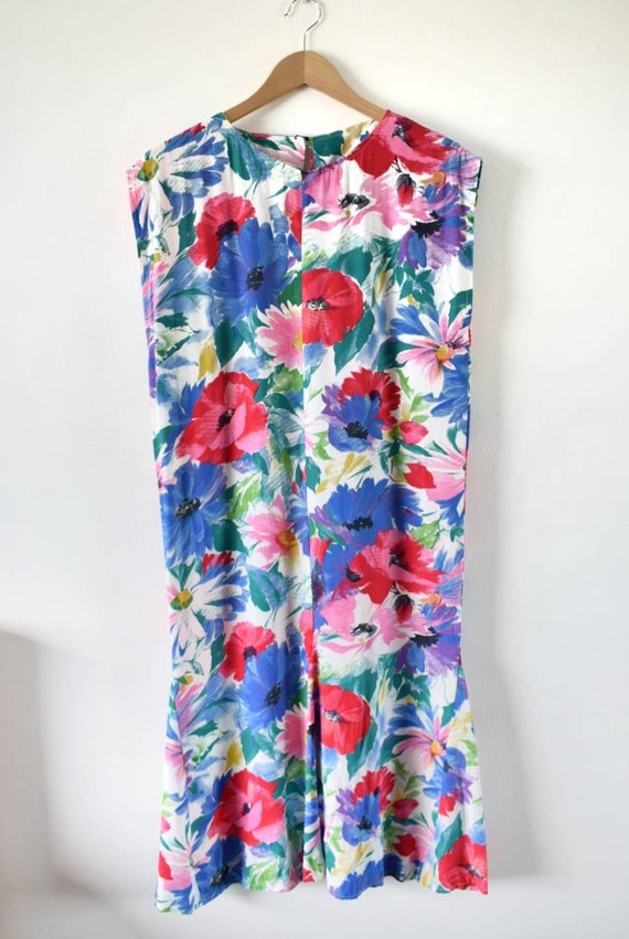 Vintage 1970s 80s Bright Poppies Print Floral Dres