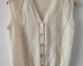Vintage Hand Knitted Cream Ivory Ecru Button Tank Waistcoat Sleeveless Vest Size S Retro Original Handmade Knitwear