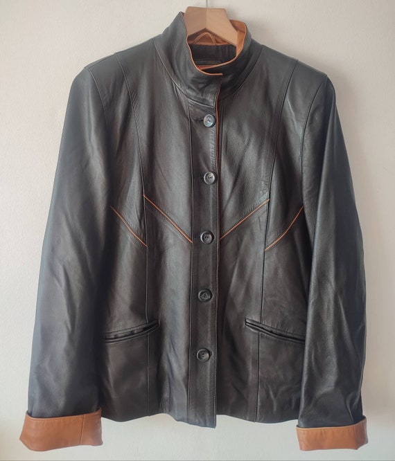 1980s 90s Vintage Rico Piel Black and Tan Leather Jacket. Euro 46 