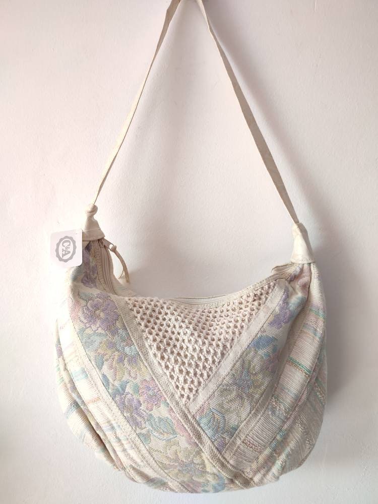Fashionable Designer bag.Shoulder bag with Eyelets Beige crocheted Hobo bag with leather strap.Pouch bag with lace.drawstring bag Bags & Purses Handbags Hobo Bags 
