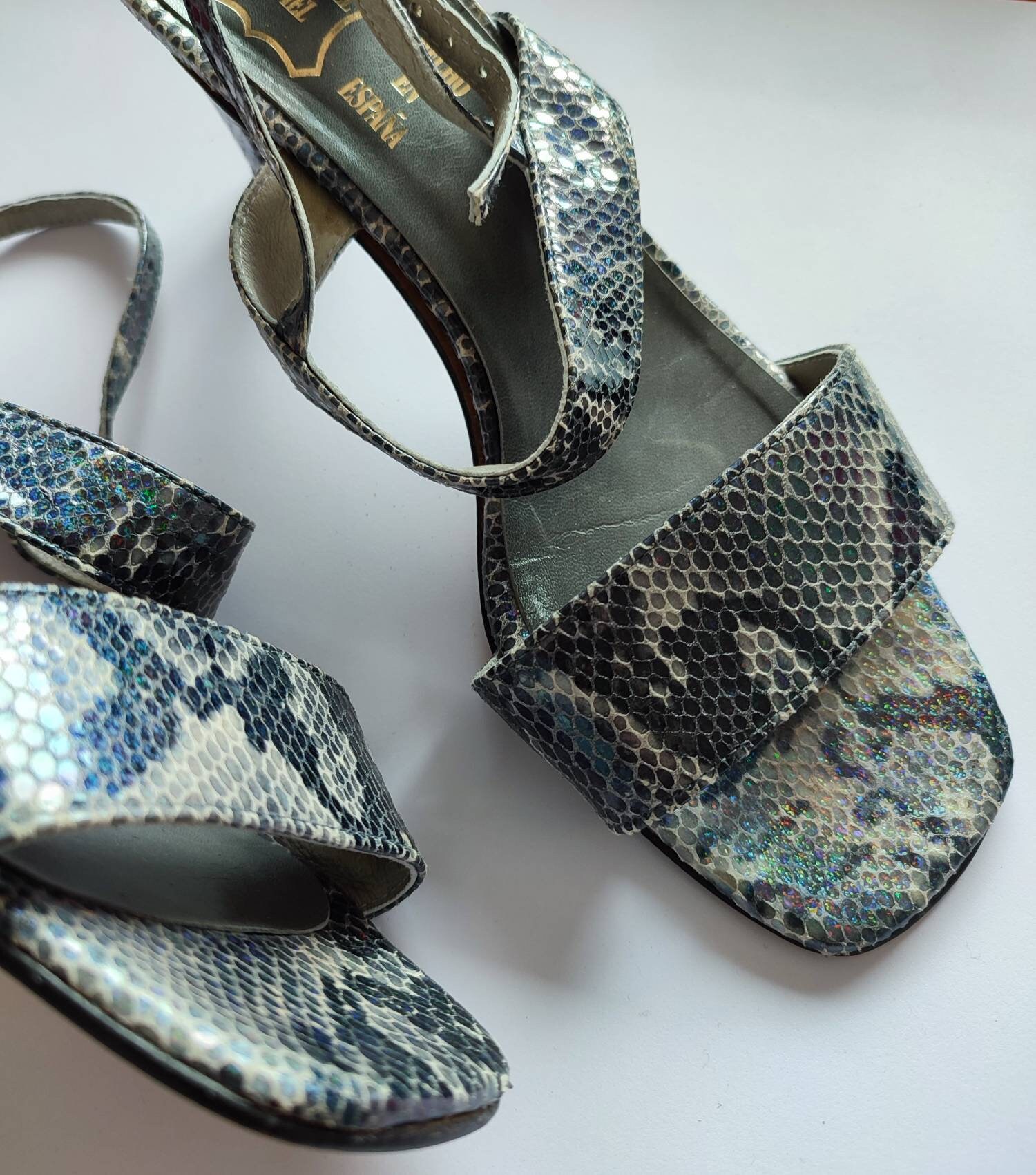 Vintage Grey Iridescent Snakeskin Leather Strap Sandals. Made in