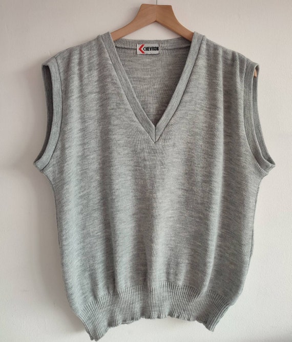 1960s 70s Vintage Grey V Neck Sweater Vest Tank Top UK Size M/L 