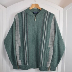 1980s Vintage Tootal Stripes Greens Patterned Zip Cardigan. Mod Retro Size S