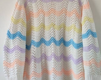 Vintage Hand Knitted Multicoloured Zigzag Striped Jumper Sweater Size L Retro Original Handmade Knitwear
