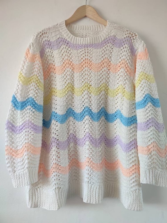 Vintage Hand Knitted Multicoloured Zigzag Striped… - image 1