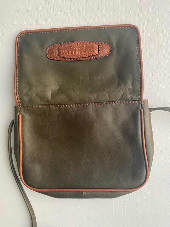 1980s Vintage Green and Tan Leather Cross Body Bag - image 5