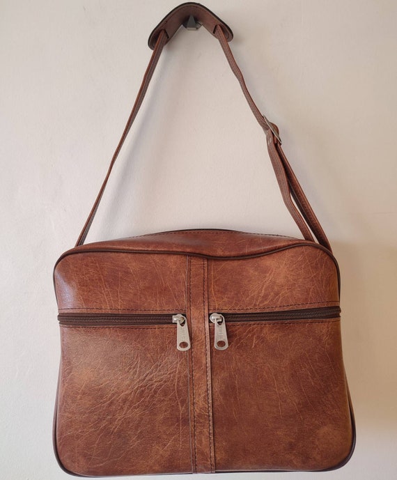 1960s 70s Brown Faux Leather Vinyl Holdall Should… - image 1