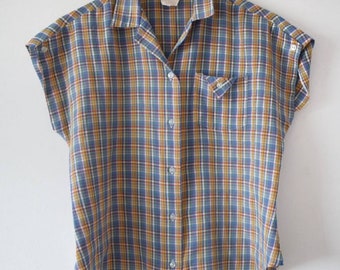 1970s Vintage Plaid Checked Short Sleeve Shirt. Size 10