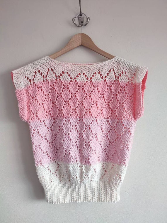 Vintage Hand Knitted Pinks Striped Colour Block T… - image 1