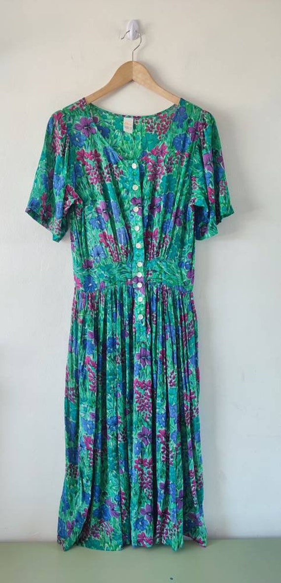 1990s Vintage Etam Green Floral Midi Dress. Cotton Mi… - Gem