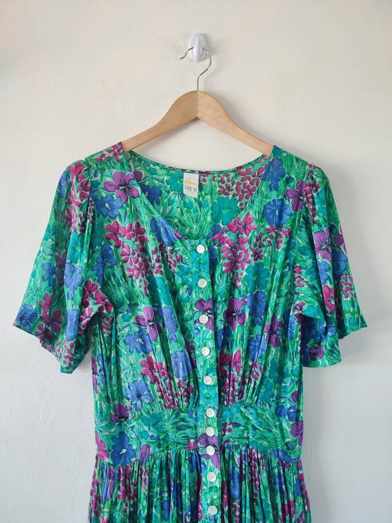 1990s Vintage Etam Green Floral Midi Dress. Cotton Mix Retro UK Size 12 ...