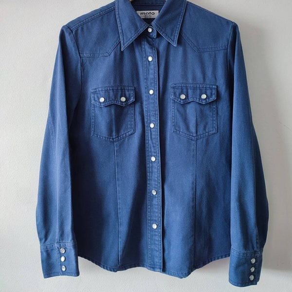 1990s Vintage Topshop Moto Blue Western Cotton Shirt. UK Size 12/14