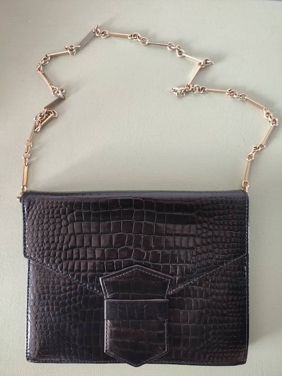 Black faux leather croc chain bag sale