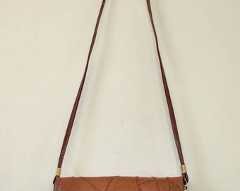 1970s 80s Vintage Tan Brown Patchwork Leather Purse Cross body Shoulder Bag