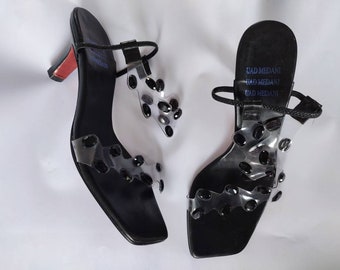 Vintage Black Leather and Clear PVC with Black Gems Sandals. Size 37