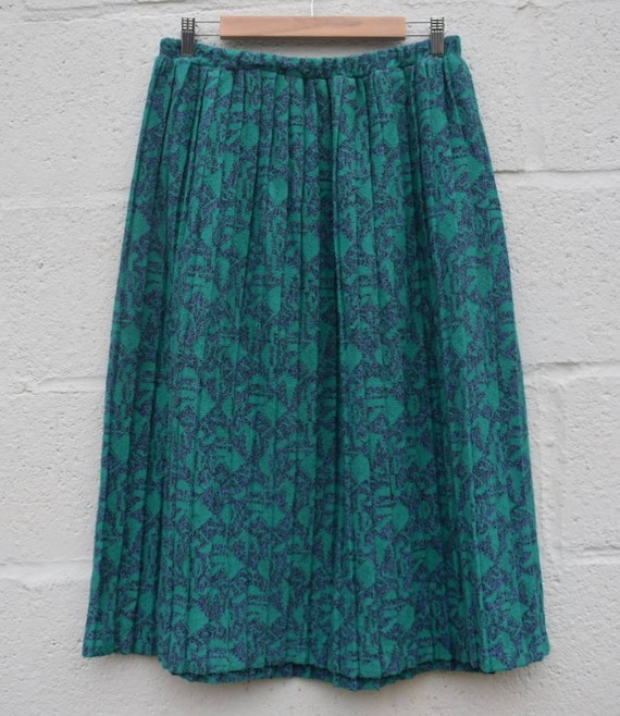 Vintage Blue and Green Floral Design Pleated Midi Skirt. FR42 UK