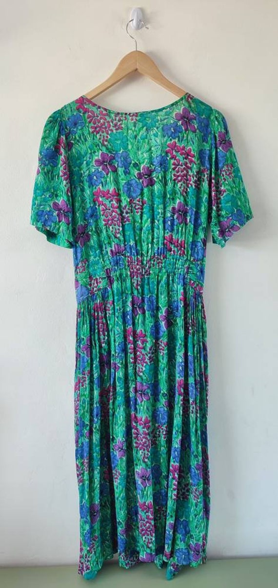 1990s Vintage Etam Green Floral Midi Dress. Cotton Mi… - Gem