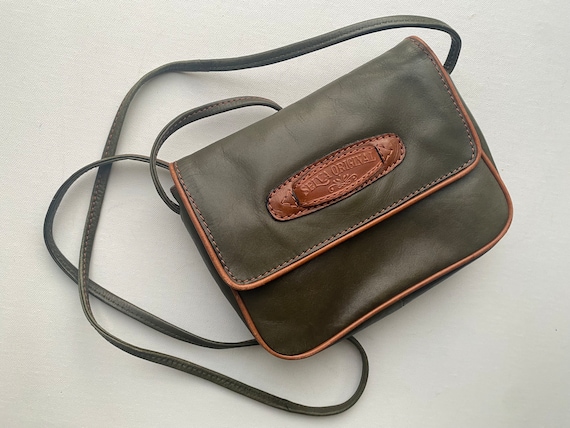 1980s Vintage Green and Tan Leather Cross Body Bag - image 1