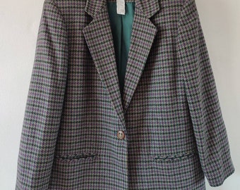 1980s Vintage Grey Multi Colour Dogtooth Houndstooth Check Wool Mix Blazer Jacket