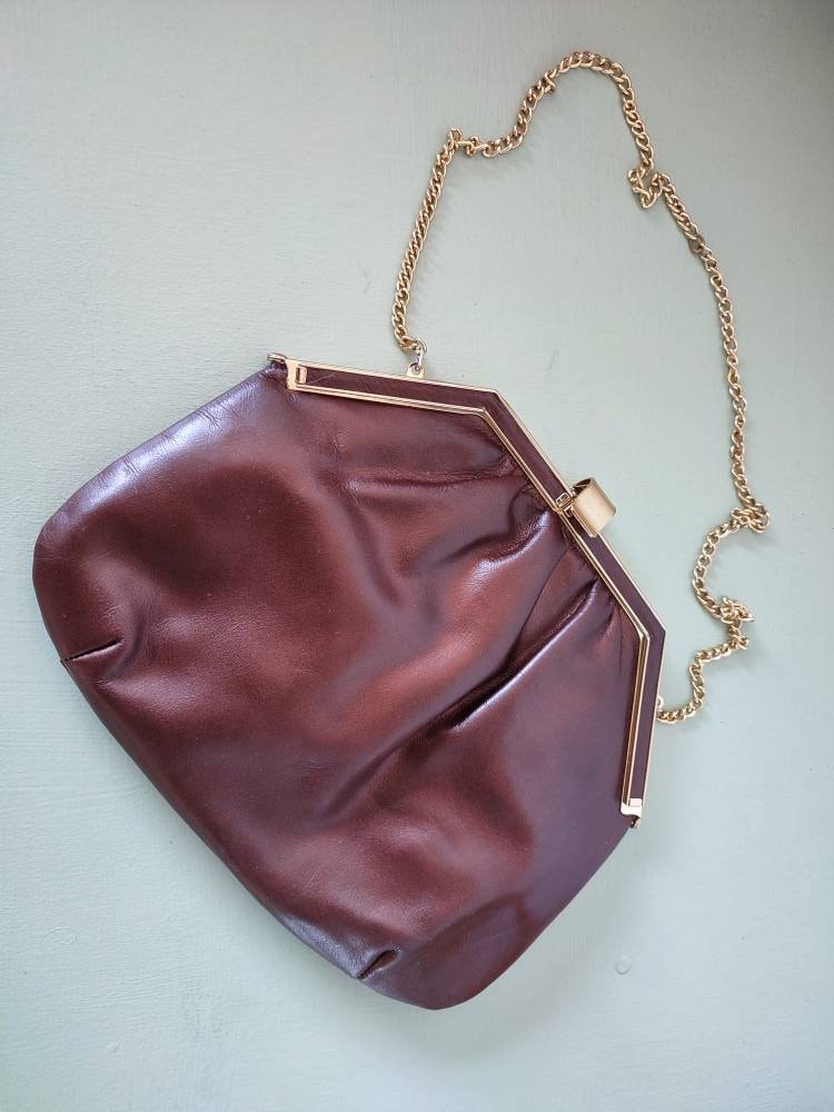 1970s 80s Vintage Bronze Brown Metallic Sheen Leather and Gold Chain Shoulder Bag