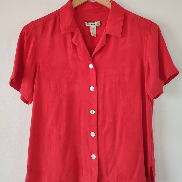Vintage Caribbean Joe rojo floral seda mezcla camisa de manga corta blusa. Talla M