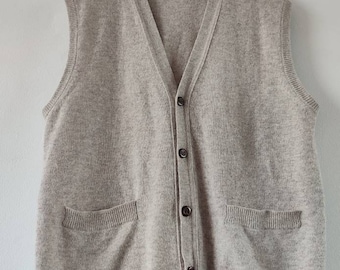 1980s 90s Vintage Oatmeal Pure New Wool Woolmark Knitted Sleeveless Cardigan Vest Top Size L