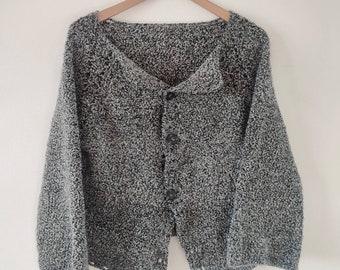 1990s Y2K 00s Vintage Hand Knitted Grey Melange Cardigan Size M/L Retro Original Handmade Knitwear