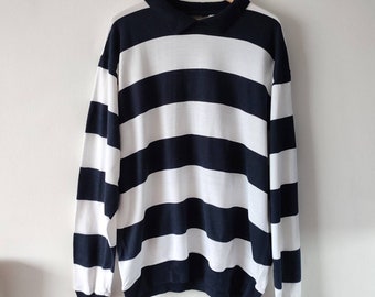 1990s Vintage St Michael from Marks and Spencer Navy and White Striped Collared Sweatshirt Top Retro Original Size L