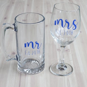 Personalized Mr. & Mrs. Wine and Beer Glasses - Custom Wedding/Anniversary Gift Set