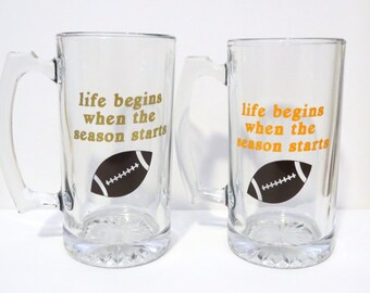 Custom Beer Glass - "Life Begins When The Season Starts" - Personalized Football Team Colors
