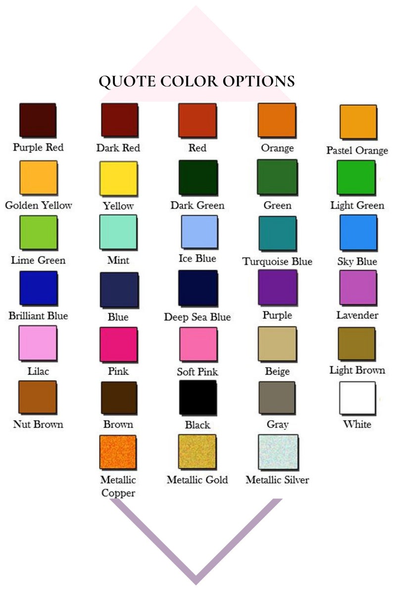 K&ouml;nnte beinhalten: Eine Tabelle mit verschiedenen Farboptionen f&uuml;r Zitate. Die Farben umfassen Purpurrot, Dunkelrot, Rot, Orange, Pastellorange, Goldgelb, Gelb, Dunkelgr&uuml;n, Gr&uuml;n, Hellgr&uuml;n, Limettengr&uuml;n, Minze, Eisblau, T&uuml;rkisblau, Himmelblau, Brillantblau, Blau, Dunkelblau, Lila, Lavendel, Flieder, Rosa, Hellrosa, Beige, Hellbraun, Nussbraun, Braun, Schwarz, Grau, Wei&szlig;, Metallic-Kupfer, Metallic-Gold und Metallic-Silber.