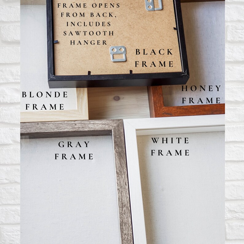 K&ouml;nnte beinhalten: F&uuml;nf verschiedene Bilderrahmen in verschiedenen Farben, darunter blond, grau, schwarz, wei&szlig; und honig. Die Rahmen sind alle aus Holz und haben ein schlichtes Design. Der Text auf den Rahmen lautet "FRAME OPENS FROM BACK, INCLUDES SAWTOOTH HANGER", "BLONDE FRAME", "GRAY FRAME", "BLACK FRAME", "HONEY FRAME" und "WHITE FRAME".