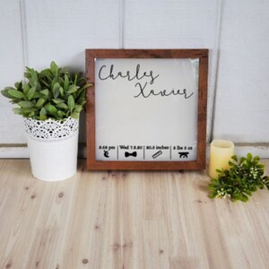 K&ouml;nnte beinhalten: Ein Schild aus Holz mit dem Namen "Charles Xavier" und Geburtsdaten: 20:18 Uhr, Mi, 7.8.20, 52 cm, 3,6 kg. Das Schild steht auf einer hellbraunen Holzoberfl&auml;che mit zwei kleinen Topfpflanzen.