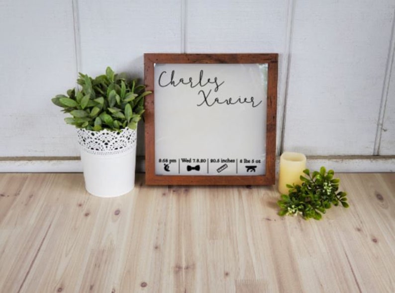 K&ouml;nnte beinhalten: Ein Schild aus Holz mit dem Namen "Charles Xavier" und Geburtsdaten: 20:18 Uhr, Mi, 7.8.20, 52 cm, 3,6 kg. Das Schild steht auf einer hellbraunen Holzoberfl&auml;che mit zwei kleinen Topfpflanzen.