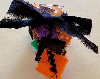 Stitched Halloween Fabric Snippet Roll on Vintage Wooden Spool, Handmade Junk Journal Trim 40+"