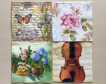 Floral Butterfly Paper Napkins for Decoupage, Art Journals, Violin, Set of 4