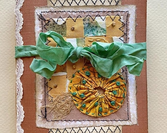 Mini Junk Journal, Slow Stitched Woven Cover, Botanical Handmade Pocket Journal,  Greens, Brown, & Amber